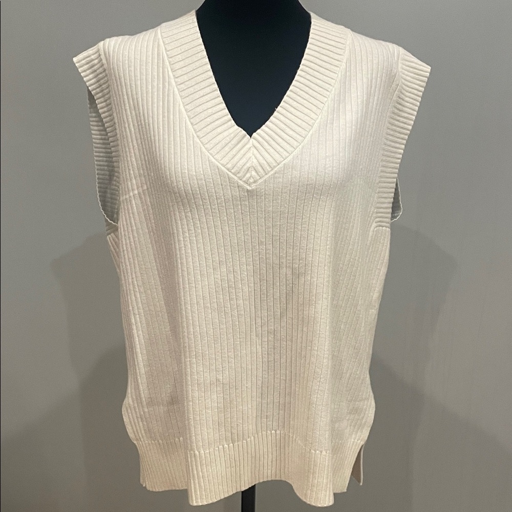 White  Ribbed V-Neck Knit  sleeveless - oversized look